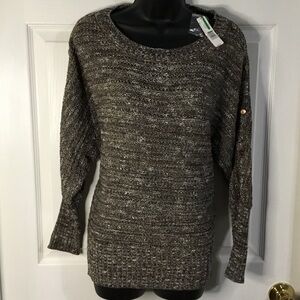 New Directions brown & white sweater with copper metallic threading, size L, NWT